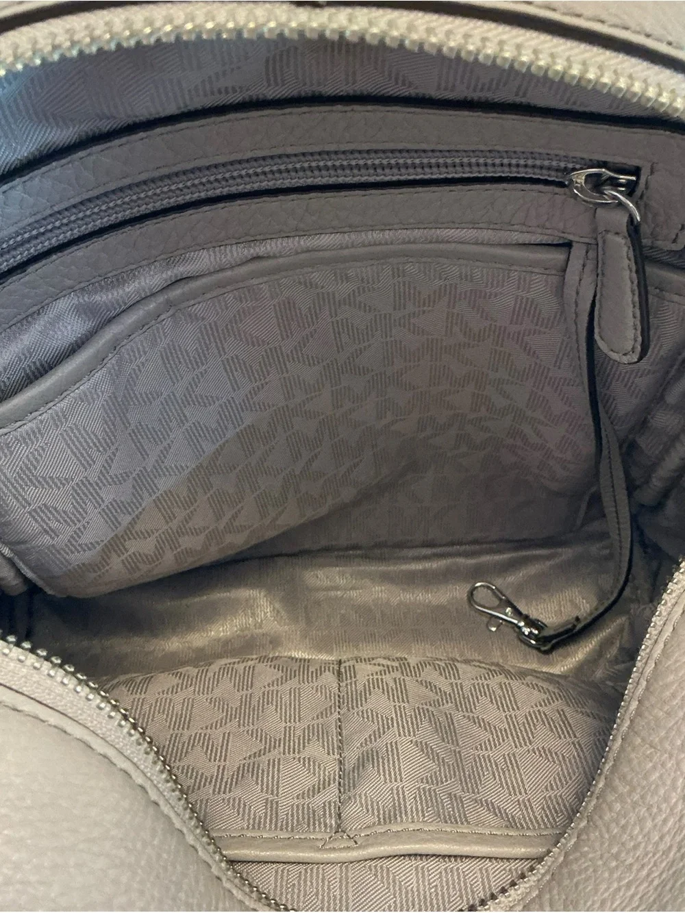 MICHAEL KORS Rhea Zip Studded Backpack Pebbled Leather Bag Pearl Gray- 12